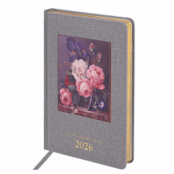 Ежедневник датированный 2026 А5 138х213 мм, BRAUBERG "ArtGallery", под кожу, нашивка, серый, 117406