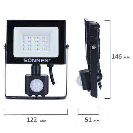 Прожектор светодиодный с датчиком движения 20 Вт, 6500 К, 1600 Лм, 20 м2, IP65, 122х146х51 мм, черный, SONNEN, 238416