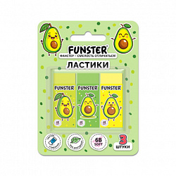 Ластики FUNSTER AVOCADO, НАБОР 3 штуки, 50,5х21х16 мм, ЭКО-ПВХ, прямоугольные, картонный рукав, ассорти, 272724