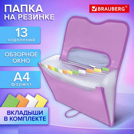 Папка-органайзер на резинке 13 отделений, обзорное окно, BRAUBERG JET, А4, розовая, 273938