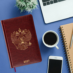 Ежедневник датированный 2027, А5, 138х213 мм, BRAUBERG "State", под кожу, коричневый, 118041