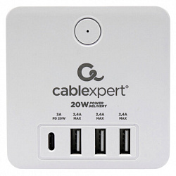 Сетевой фильтр CABLEXPERT Cube, 4 розетки, 16 А, 1 x Type-C PD, 3 х USB, белый, CUBE-4-СU3-W
