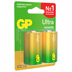 Батарейки КОМПЛЕКТ 2 шт., GP Ultra G-Tech, D (LR20, 13А), алкалиновые, блистер, 13AU-CR2
