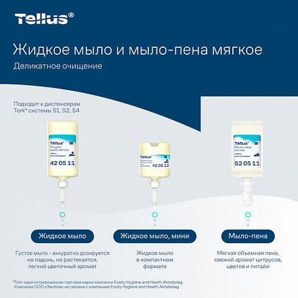 Картридж с жидким мылом одноразовый Tellus/TORK (Система S2) Advanced, 0,475 л, мягкое, 420512