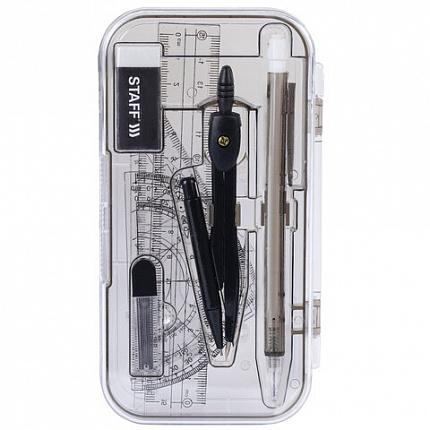 Готовальня STAFF "College" 9 предметов: циркуль 120 мм, чертежные принадлежности, механический карандаш, пластиковый пенал, 210863