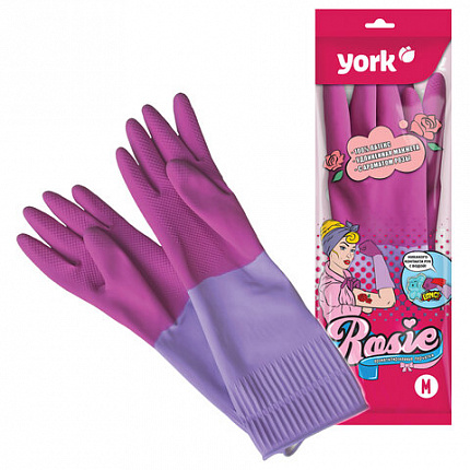 Перчатки МНОГОРАЗОВЫЕ резиновые YORK "Роза", хлопчатобумажное напыление, ПРОЧНЫЕ, размер 7-8, M (средний), розовые, вес 70 г, 92670