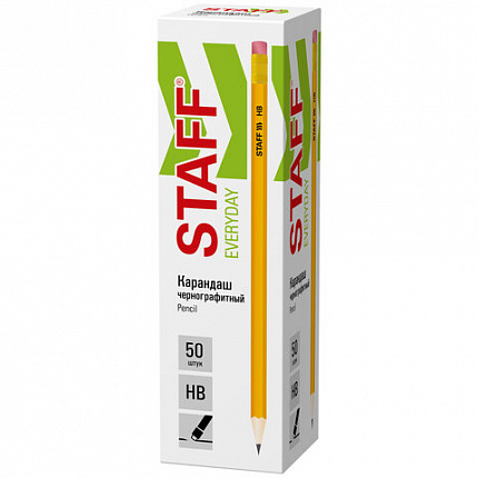 Карандаш чернографитный с ластиком STAFF "EVERYDAY" BLP-YLW, 1 шт., НВ, пластиковый, корпус жёлтый, 181940