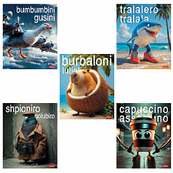 Тетрадь А5 48 л., HATBER, скоба, клетка, обложка картон, Brain rot content (микс в спайке), 093131, 48Т5В1