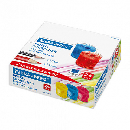 Точилка BRAUBERG "Cell Dual", 2 отверстия для чернографитных карандашей (в том числе утолщенных), с контейнером, корпус ассорти, 228435