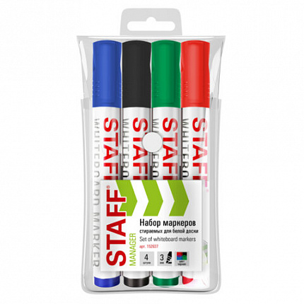 Маркеры стираемые для белой доски НАБОР 4 ЦВЕТА, STAFF "MANAGER" WBM-300, 3 мм, с клипом, 152637