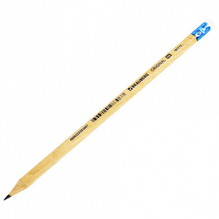 Карандаш чернографитный BRAUBERG "ORIGINAL", 1 шт., HB, с ластиком, некрашеный корпус, 181713