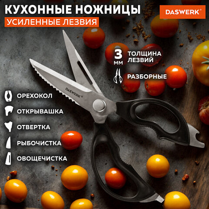 Ножницы кухонные DASWERK (ДАСВЕРК), 230 мм, разборные, с открывашками, зазубренные, 608906