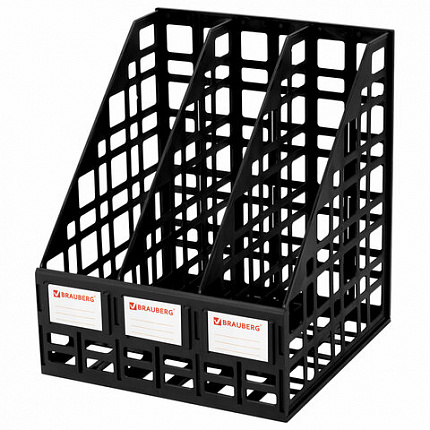 Лоток вертикальный для бумаг BRAUBERG "ULTRA", 240 мм, 3 отделения, сетчатый, сборный, черный, 238249