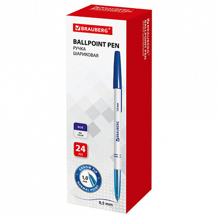 Ручка шариковая BRAUBERG "Офисная", СИНЯЯ, корпус белый, узел 1 мм, линия письма 0,5 мм, 140662