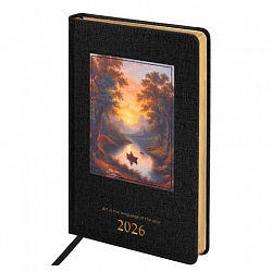 Ежедневник датированный 2026 А5 138х213 мм, BRAUBERG "ArtGallery", под кожу, нашивка, черный, 117405