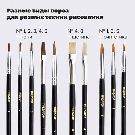 Кисти ПИФАГОР, набор 10 шт. (ПОНИ: плоская № 4, круглые № 1, 2, 3, 5; СИНТЕТИКА: круглые № 1, 3, 5; ЩЕТИНА: плоские № 4, 8), блистер, 200505
