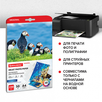 Фотобумага глянцевая, А4, 230 г/м2, односторонняя, 50 листов, BRAUBERG ORIGINAL, 363990