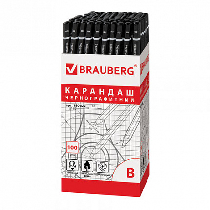 Карандаш чернографитный BRAUBERG, 1 шт., "Touch line", В, корпус черный, заточенный, 180622