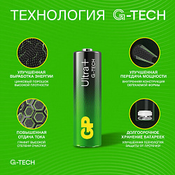 Батарейки КОМПЛЕКТ 2 шт., GP Ultra Plus G-Tech, AA (LR6), алкалиновые, пальчиковые, 15AUPA21-2CRSB2