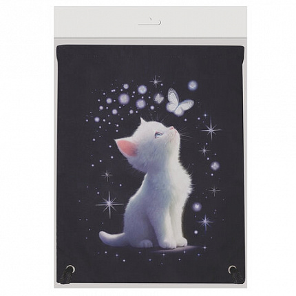 Мешок для обуви BRAUBERG PREMIUM, карман, подкладка, светоотражайка, 43х33 см, "White kitten", 274646
