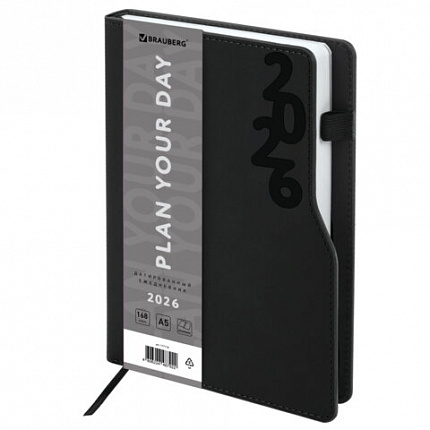 Ежедневник датированный 2026, А5, 150x213 мм, BRAUBERG "Up", под кожу, софт-тач, держатель для ручки, черный, 117116
