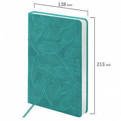Ежедневник датированный 2026 А5 138x213 мм, BRAUBERG "Foliage", под кожу, гибкий, бирюзовый, 117127