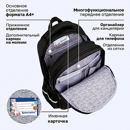 Рюкзак BRAUBERG SOFT, 2 отделения, 3 кармана, "Не бойся", СВЕТЯЩИЙСЯ, 40х31х15 см, 271364