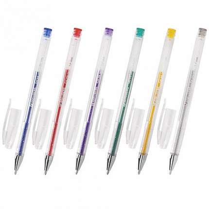 Ручки гелевые BRAUBERG "Jet", НАБОР 6 ЦВЕТОВ, БЛЕСТКИ, узел 1 мм, линия письма 0,8 мм, 141030