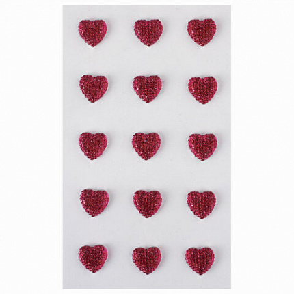 Стразы самоклеящиеся "СЕРДЦА", 12 мм, 15 штук, малиновые, на подложке, ОСТРОВ СОКРОВИЩ, 662234