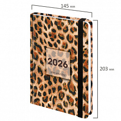 Ежедневник датированный 2026 с резинкой 145х203 мм, А5, BRAUBERG, твердый, фольга, "Леопард", 117334