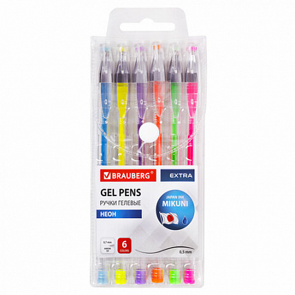 Ручки гелевые НЕОН BRAUBERG "EXTRA", НАБОР 6 ЦВЕТОВ, узел 0,7 мм, линия 0,35 мм, 143911