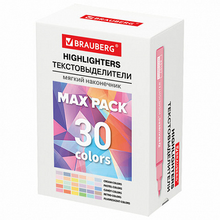 Набор текстовыделителей 30 ЦВЕТОВ BRAUBERG "SUPER MIX", линия 1-5 мм, мягкий скошенный наконечник, 152539