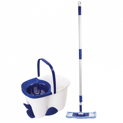 Швабра с отжимом и ведром 18 л / 8 л, центрифуга, отжим педалью, 2 флаундера/насадки круглый и прямоугольный, бело-синий, LAIMA, 603625