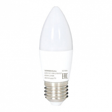 Лампа светодиодная SONNEN EXTRA, 10 (85) Вт, Е27, свеча, теплый белый, 30000 ч, LED C37-10W-2700-Е27, 457906