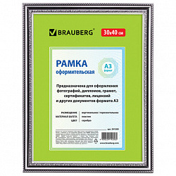 Рамка 30х40 см небьющаяся, пластик, багет 30 мм, BRAUBERG "HIT4", серебро, 391009