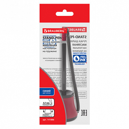 Ручка шариковая настольная масляная BRAUBERG "Стенд-Пен №1", СИНЯЯ, корпус черный/красный, линия письма 0,35 мм, 141886