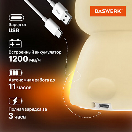 Ночник силиконовый LED "Ушастый Заяц" 94x92x202 мм, белый свет/RGB, таймер, USB, аккумулятор 1200 мАч, DASWERK (ДАСВЕРК), 238939