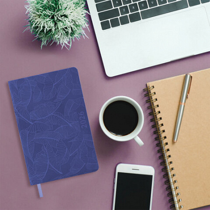 Ежедневник датированный 2026 А5 138x213 мм, BRAUBERG "Foliage", под кожу, гибкий, сиреневый, 117131