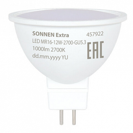 Лампа светодиодная SONNEN EXTRA, 12 (110) Вт, GU5.3, теплый белый, 30000 ч, LED MR16-GU5.3-12W-2700, 457922