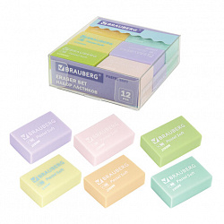 Ластики BRAUBERG "Pastel Soft" НАБОР 12 шт., размер ластика 31х20х10 мм, экологичный ПВХ, 229598