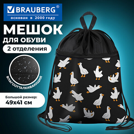 Мешок для обуви BRAUBERG БОЛЬШОЙ, с ручкой, карман на молнии, сетка, 49х41 см, "Безумные гуси", 274638