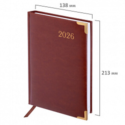 Ежедневник датированный 2026, А5, 138x213 мм, BRAUBERG "Senator", под кожу, коричневый, 117090