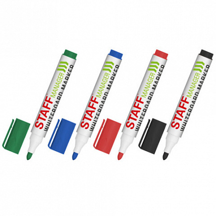Маркеры стираемые для белой доски НАБОР 4 ЦВЕТА, STAFF "MANAGER" WBM-300, 3 мм, с клипом, 152637