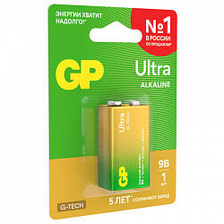 Батарейка 1 шт., GP Ultra G-Tech, Крона (6LR61, 6LF22, 1604A), алкалиновая, блистер, 1604AU-5CR1