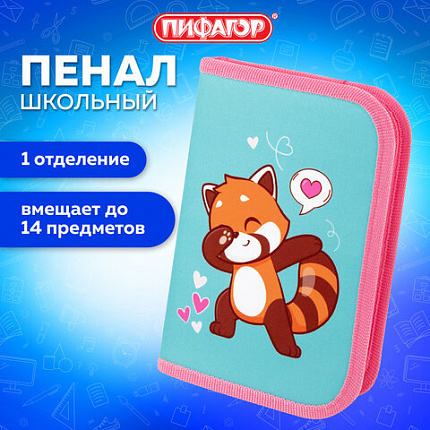 Пенал ПИФАГОР, 1 отделение, полиэстер, 19х13 см, "Красная панда", 272283