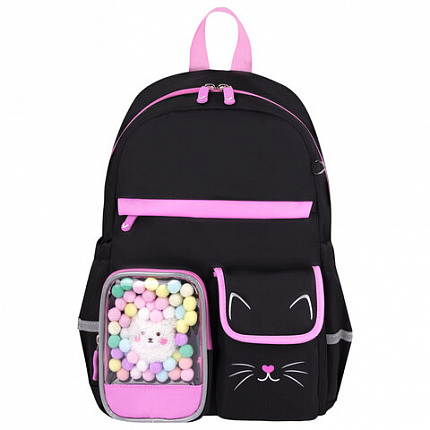 Рюкзак BRAUBERG PASTEL с термонашивками в комплекте, "Black kitty", черный, 40х29х14 см, 273128