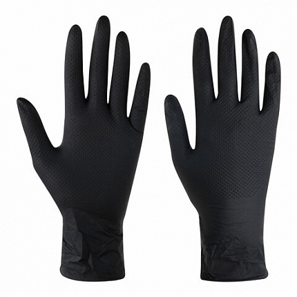 Перчатки нитриловые сверхпрочные с текстурой SFM MEGA TEX BLACK, Германия, 25 пар (50 штук), размер 6-7, S (малый)