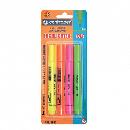 Текстовыделители CENTROPEN НАБОР 4 ЦВЕТА, с клипом, линия 1-4,6 мм, 488520403