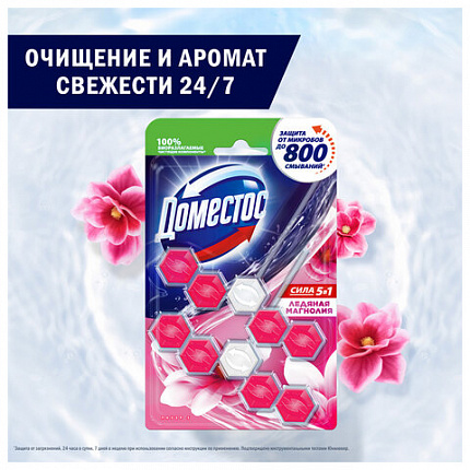 Блок туалетный подвесной твердый 2х55 г, ДОМЕСТОС Сила 5 в 1 "Ледяная магнолия"