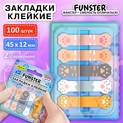 Закладки клейкие Z-сложения FUNSTER (ФАНСТЕР) "Лапки котов", 45х12 мм, 100 шт., (5 цветов х 20 листов), в диспенсере, 116691